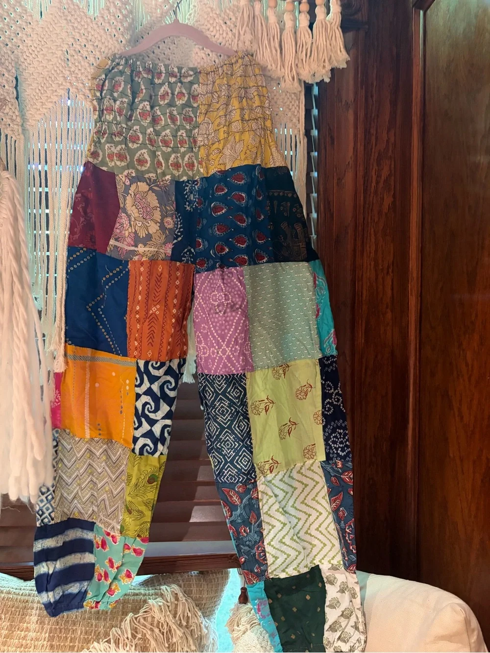 Boho patchwork pants jogger pockets  cotton OS free size Jessica Taylor s m l - Picture 5 of 10
